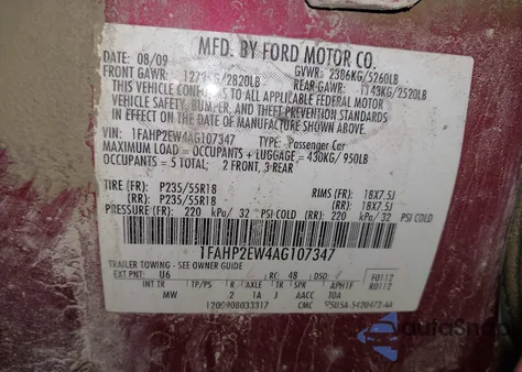 2010 Ford Taurus Sel from USA, damaged, VIN 1FAHP2EW4AG107347